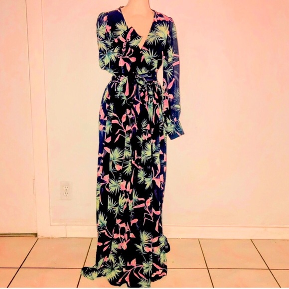 Blue Pink & Green Tropical Print, Faux Wrap, Long Sleeve, Maxi Dress - Picture 1 of 16